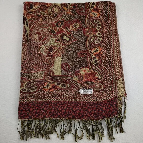 100% Pashmina Shawl 67.5 x 27 Red Orange Gold Shimmer Jacquard Paisley Fringe - Picture 3 of 12